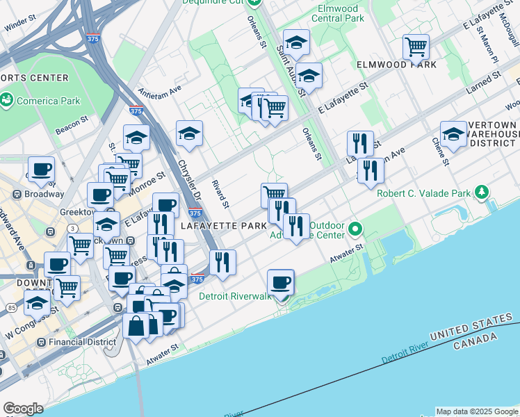 map of restaurants, bars, coffee shops, grocery stores, and more near 1401 East Jefferson Avenue in Detroit