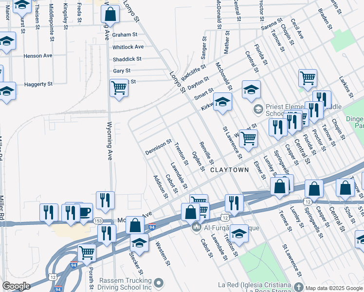 map of restaurants, bars, coffee shops, grocery stores, and more near 5827 Trenton Street in Detroit