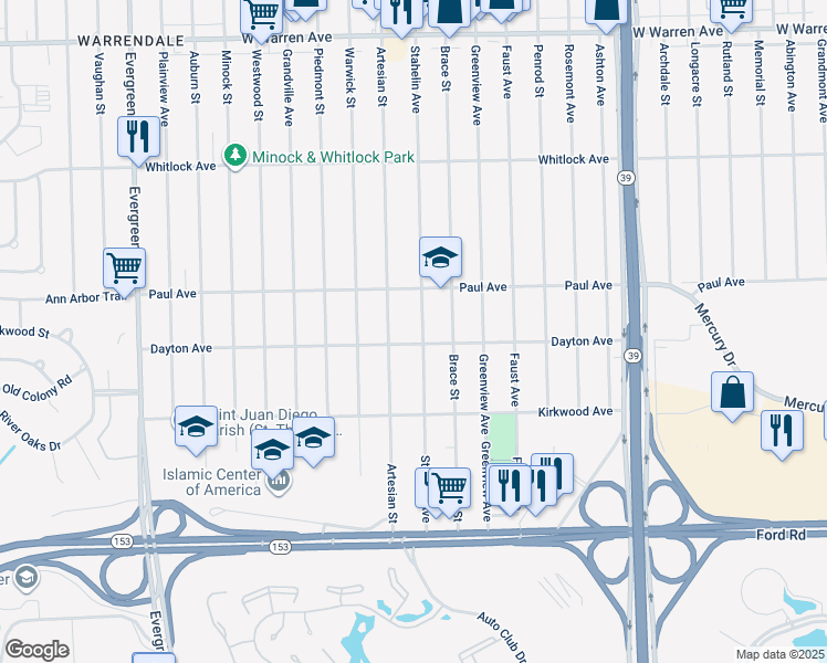 map of restaurants, bars, coffee shops, grocery stores, and more near 6197 Stahelin Avenue in Detroit