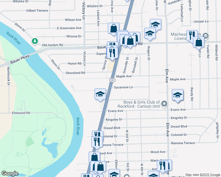 map of restaurants, bars, coffee shops, grocery stores, and more near 7518 North 2nd Street in Machesney Park