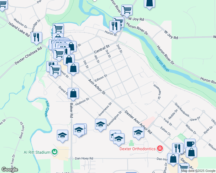 map of restaurants, bars, coffee shops, grocery stores, and more near 7711 4th Street in Dexter