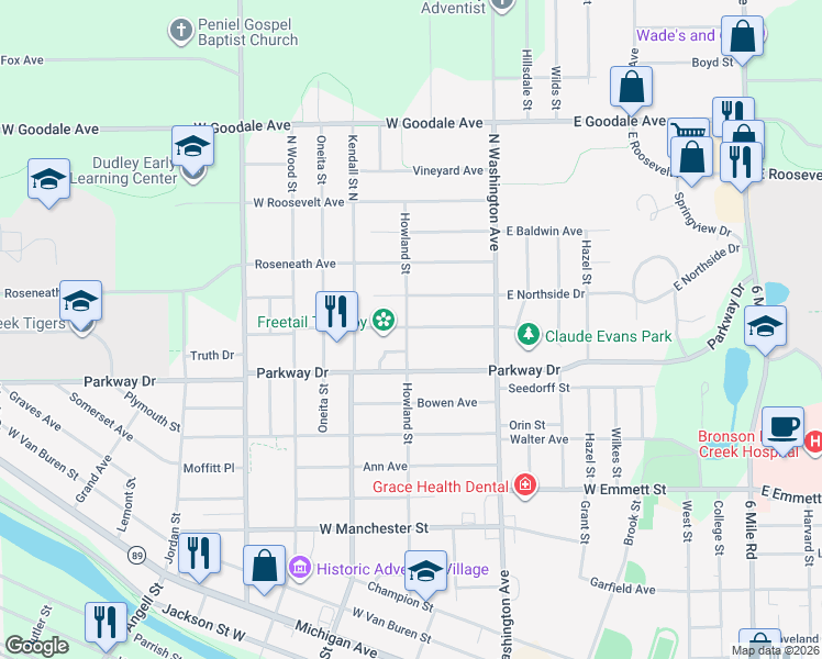 map of restaurants, bars, coffee shops, grocery stores, and more near 221 Howland Street in Battle Creek