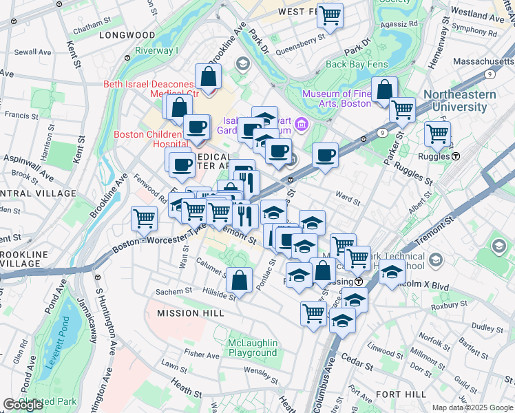 map of restaurants, bars, coffee shops, grocery stores, and more near 31 Worthington Street in Boston