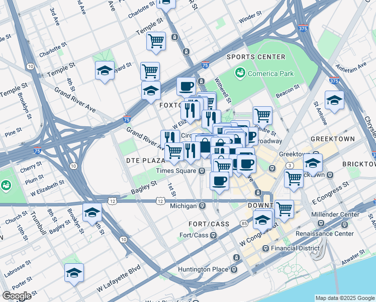 map of restaurants, bars, coffee shops, grocery stores, and more near 220 Bagley Street in Detroit
