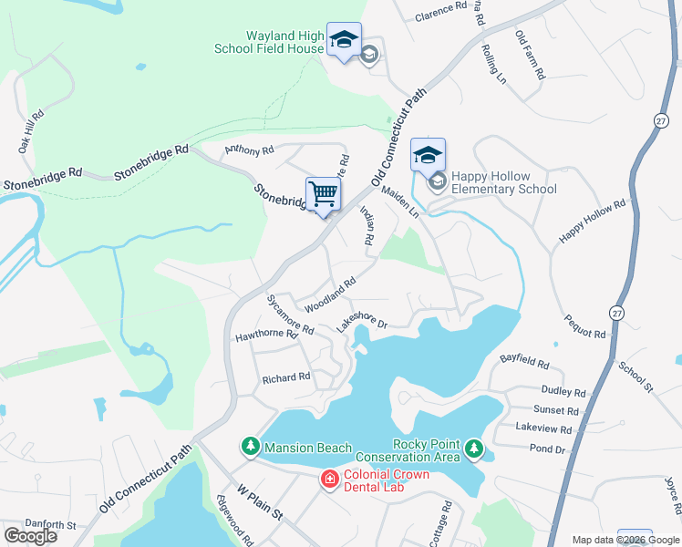 map of restaurants, bars, coffee shops, grocery stores, and more near 26 Pine Ridge Road in Wayland