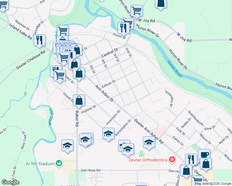 map of restaurants, bars, coffee shops, grocery stores, and more near 3340 Hudson Street in Dexter
