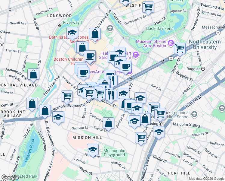 map of restaurants, bars, coffee shops, grocery stores, and more near in Boston