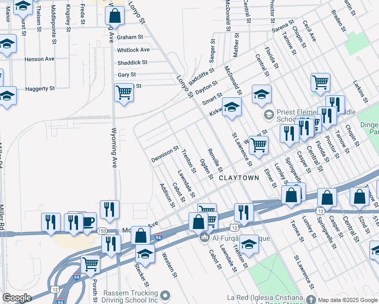 map of restaurants, bars, coffee shops, grocery stores, and more near 5827 Trenton Street in Detroit