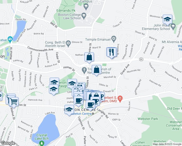 map of restaurants, bars, coffee shops, grocery stores, and more near 20 Trinity Terrace in Newton