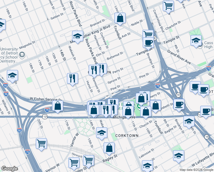 map of restaurants, bars, coffee shops, grocery stores, and more near 2628 Vermont Street in Detroit