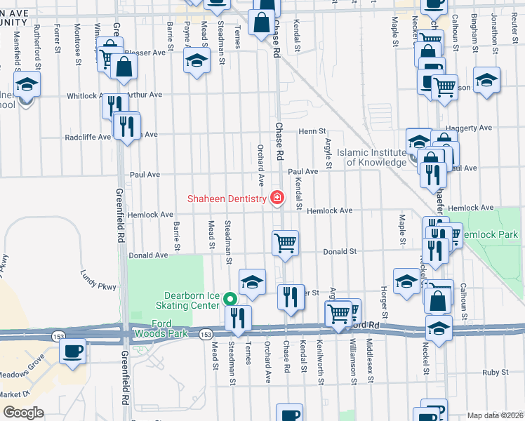 map of restaurants, bars, coffee shops, grocery stores, and more near Orchard Avenue in Dearborn