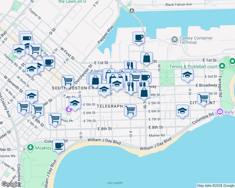 map of restaurants, bars, coffee shops, grocery stores, and more near 650 East 4th Street in Boston