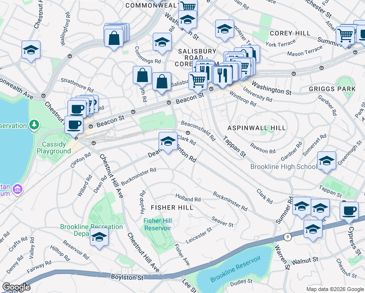 map of restaurants, bars, coffee shops, grocery stores, and more near 171 Clinton Road in Brookline