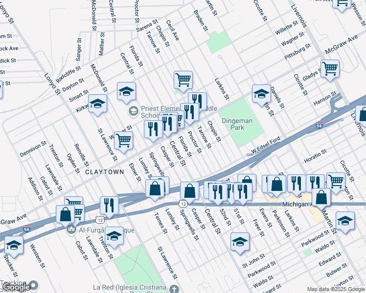 map of restaurants, bars, coffee shops, grocery stores, and more near 5403 Florida Street in Detroit
