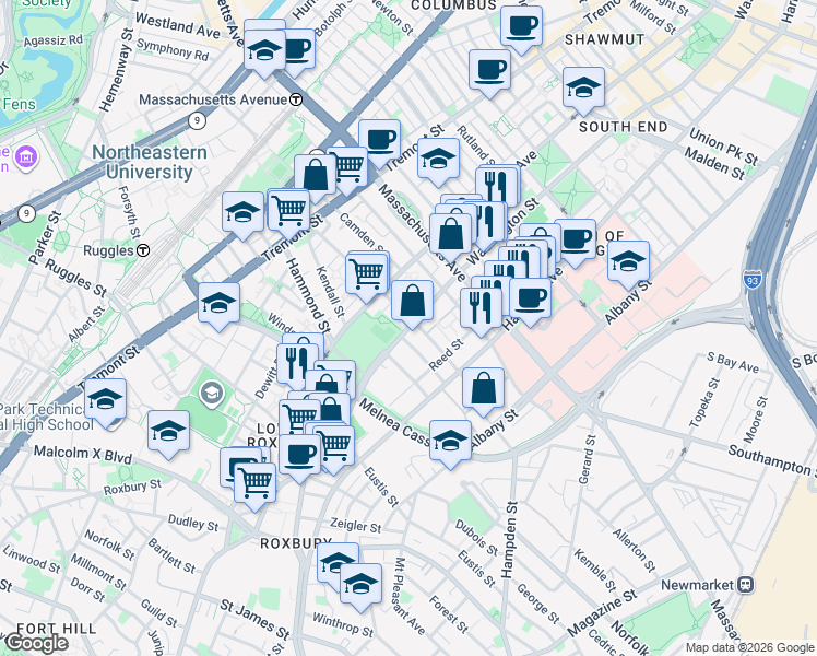 map of restaurants, bars, coffee shops, grocery stores, and more near in Boston