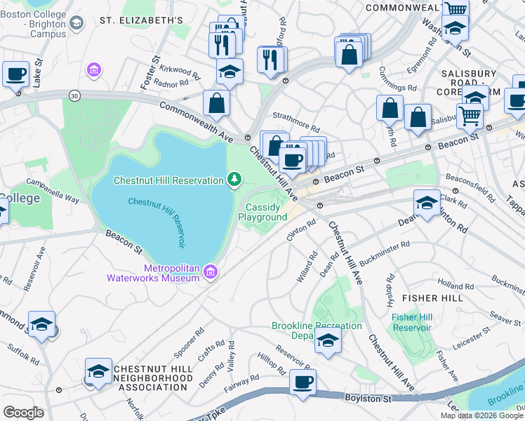 map of restaurants, bars, coffee shops, grocery stores, and more near 2400 Beacon Street in Boston
