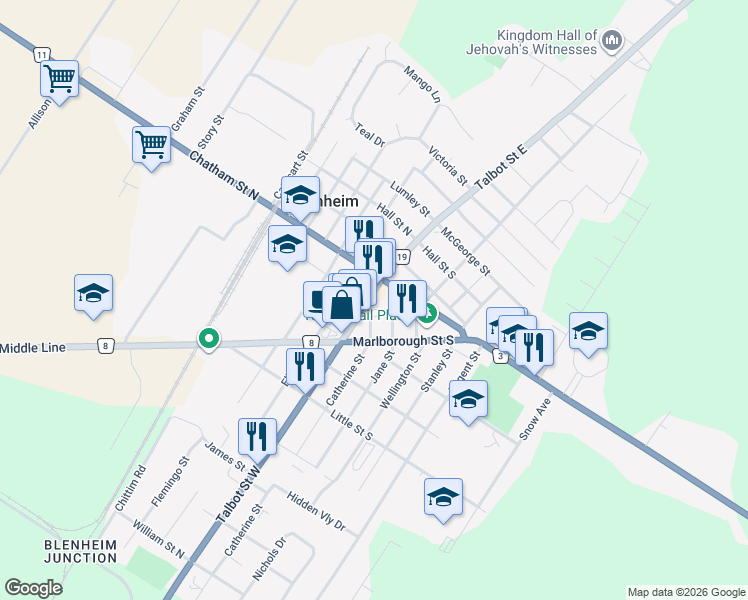 map of restaurants, bars, coffee shops, grocery stores, and more near 26 Talbot Street West in Blenheim