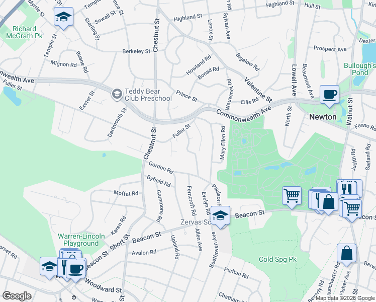 map of restaurants, bars, coffee shops, grocery stores, and more near 99 Helene Road in Newton