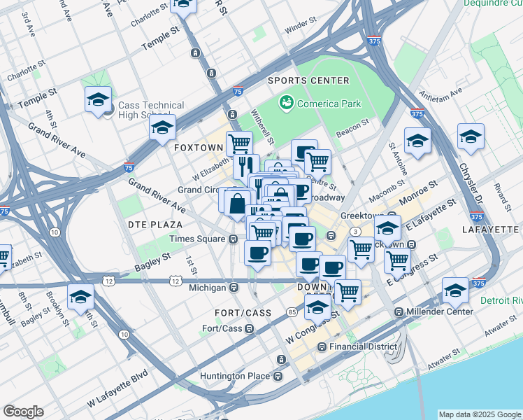 map of restaurants, bars, coffee shops, grocery stores, and more near 1450 Washington Boulevard in Detroit