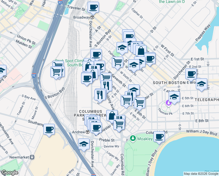 map of restaurants, bars, coffee shops, grocery stores, and more near 155a Old Colony Avenue in Boston