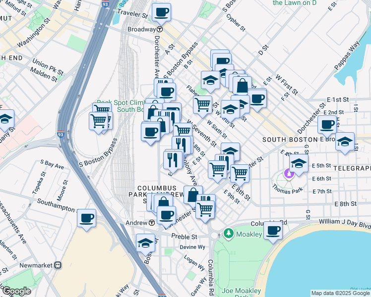 map of restaurants, bars, coffee shops, grocery stores, and more near 155a Old Colony Avenue in Boston