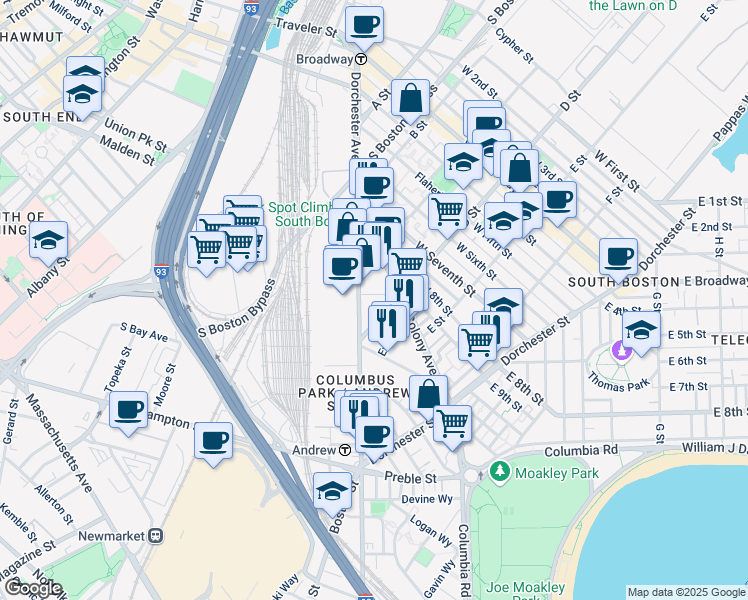 map of restaurants, bars, coffee shops, grocery stores, and more near 412 Dorchester Avenue in Boston