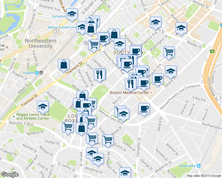 map of restaurants, bars, coffee shops, grocery stores, and more near in Boston