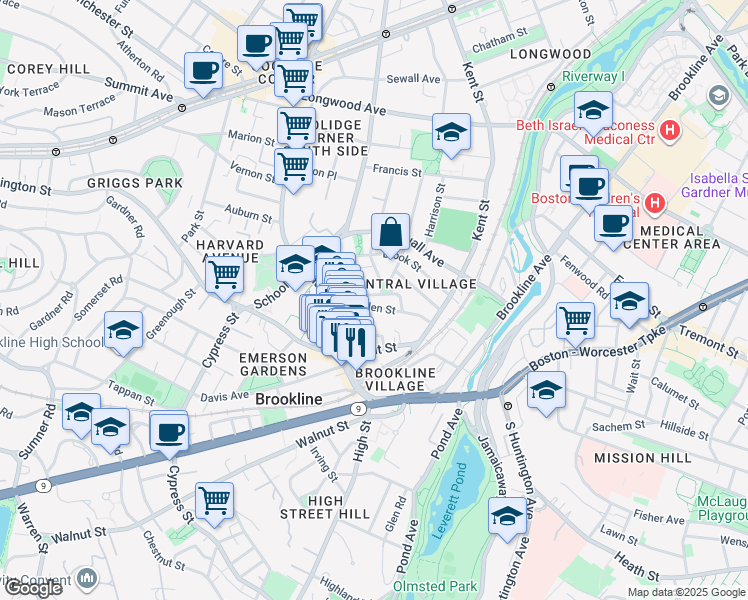 map of restaurants, bars, coffee shops, grocery stores, and more near 15 Linden Street in Brookline