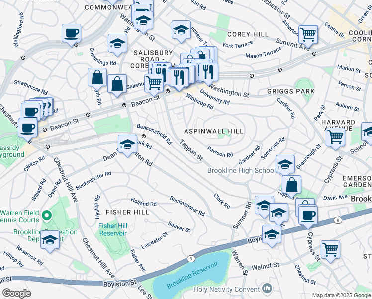 map of restaurants, bars, coffee shops, grocery stores, and more near 46 Beaconsfield Road in Brookline