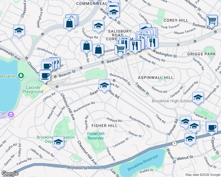 map of restaurants, bars, coffee shops, grocery stores, and more near 171 Clinton Road in Brookline