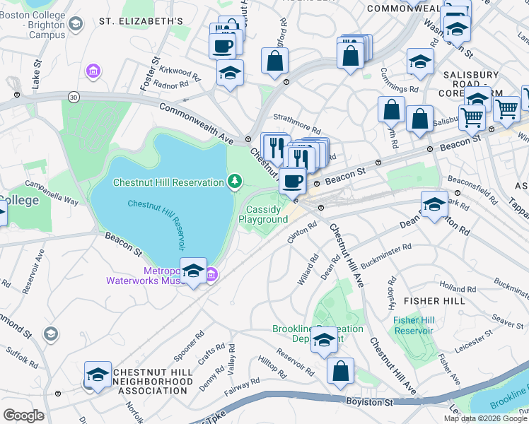 map of restaurants, bars, coffee shops, grocery stores, and more near 2400 Beacon Street in Boston