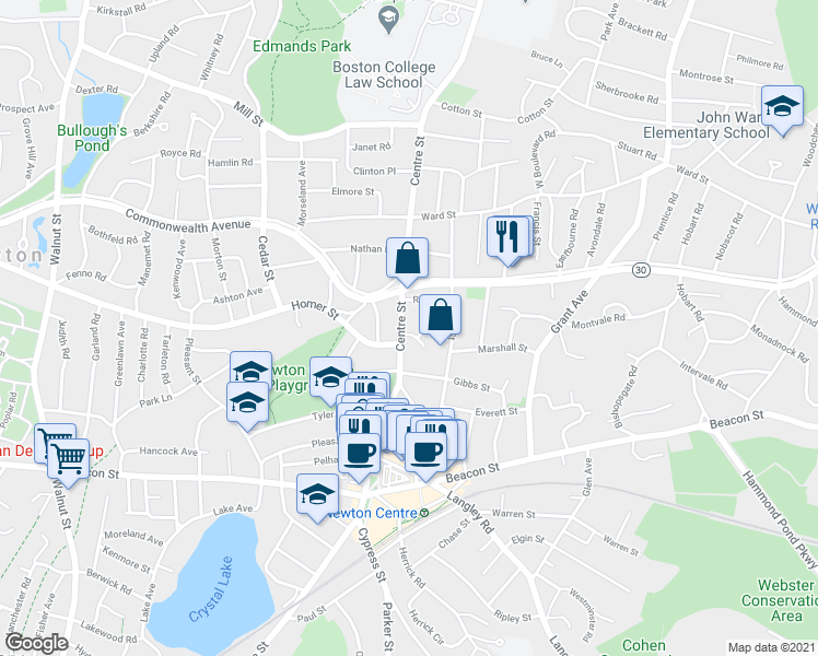 map of restaurants, bars, coffee shops, grocery stores, and more near 1106 Centre Street in Newton