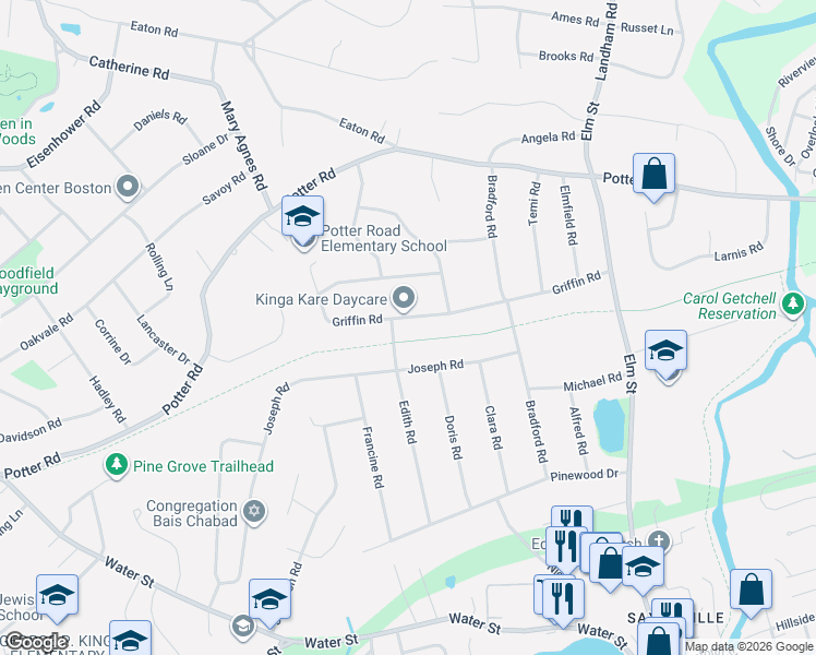 map of restaurants, bars, coffee shops, grocery stores, and more near 35 Edith Road in Framingham
