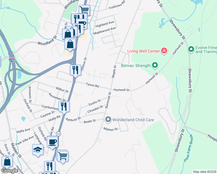 map of restaurants, bars, coffee shops, grocery stores, and more near 1B Tyson Road in Worcester