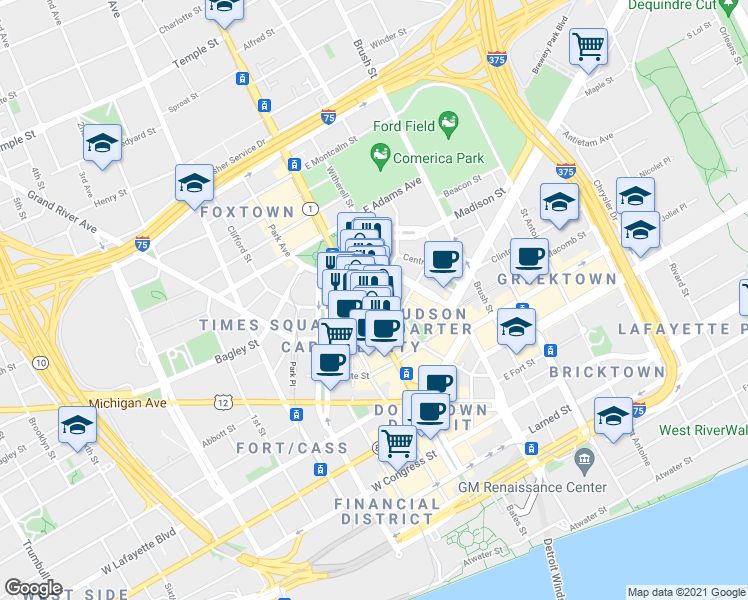 map of restaurants, bars, coffee shops, grocery stores, and more near 1426 Woodward Avenue in Detroit