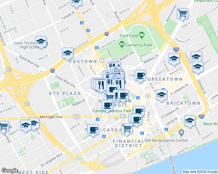 map of restaurants, bars, coffee shops, grocery stores, and more near in Detroit