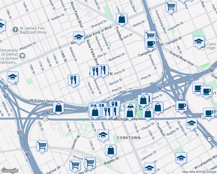 map of restaurants, bars, coffee shops, grocery stores, and more near 2628 Vermont Street in Detroit