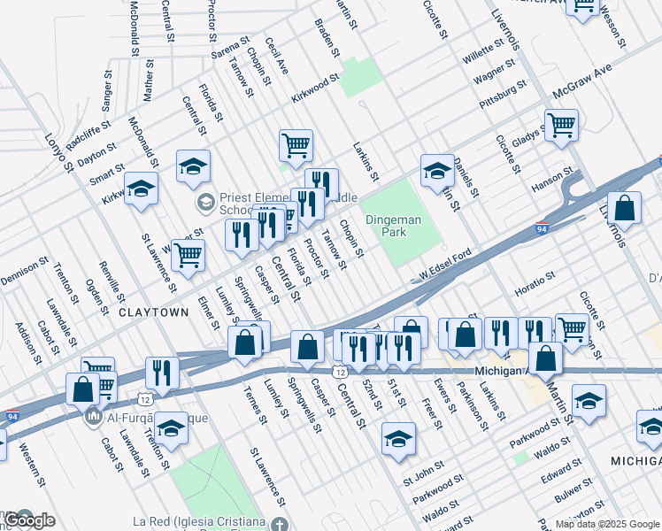 map of restaurants, bars, coffee shops, grocery stores, and more near 5298 Proctor Street in Detroit
