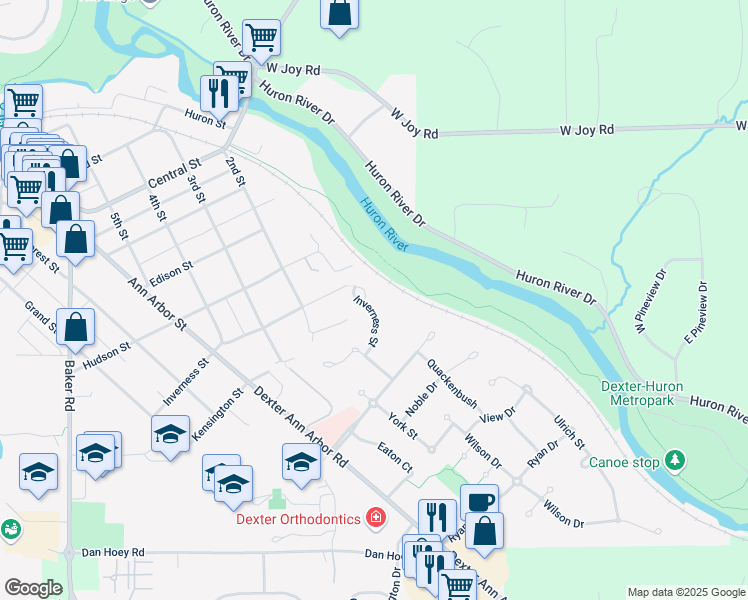 map of restaurants, bars, coffee shops, grocery stores, and more near 3672 Cushing Court in Dexter
