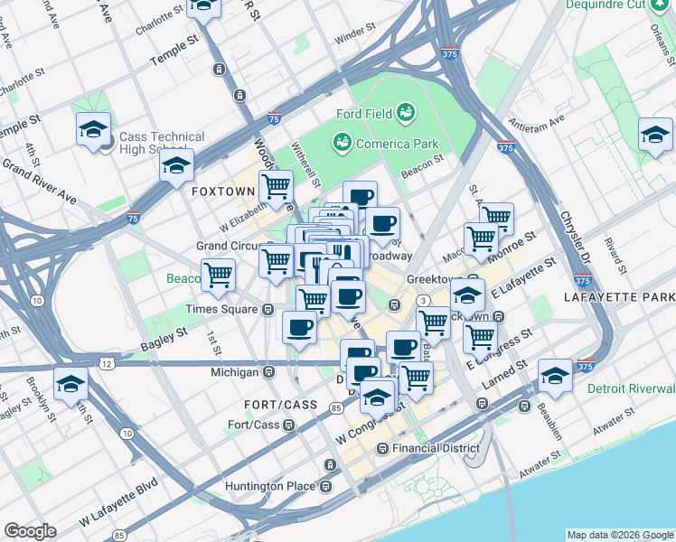 map of restaurants, bars, coffee shops, grocery stores, and more near 1448 Woodward Avenue in Detroit