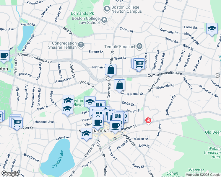 map of restaurants, bars, coffee shops, grocery stores, and more near 1094 Centre Street in Newton