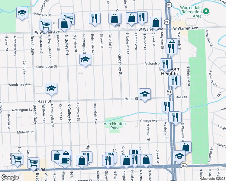 map of restaurants, bars, coffee shops, grocery stores, and more near 6427 Colonial Street in Dearborn Heights
