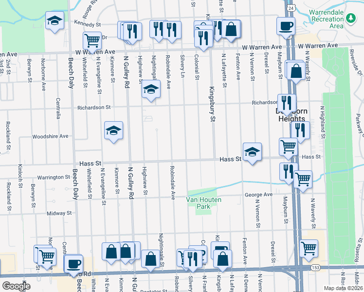 map of restaurants, bars, coffee shops, grocery stores, and more near 6429 Silvery Lane in Dearborn Heights