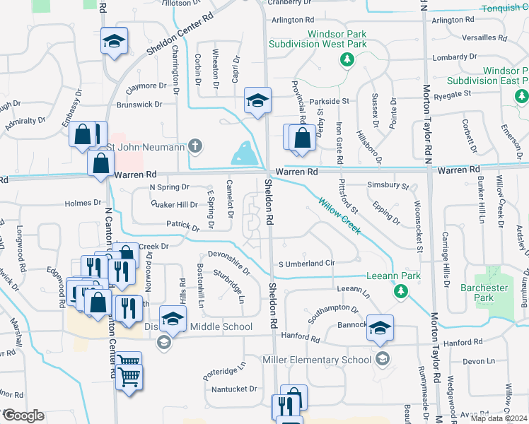 map of restaurants, bars, coffee shops, grocery stores, and more near 6955 Harvard Lane in Canton