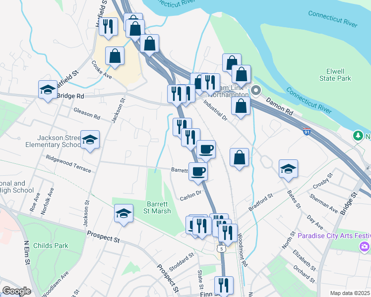 map of restaurants, bars, coffee shops, grocery stores, and more near 324 U.S. 5 in Northampton