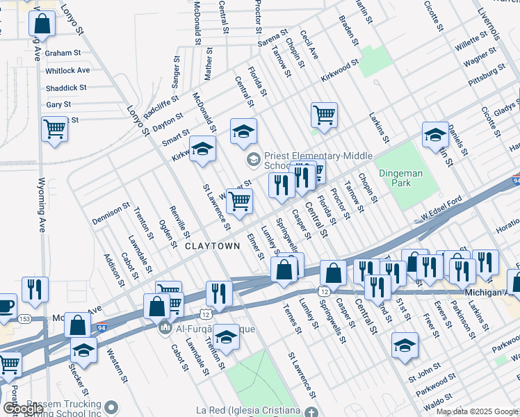 map of restaurants, bars, coffee shops, grocery stores, and more near 5602 Lumley Street in Detroit