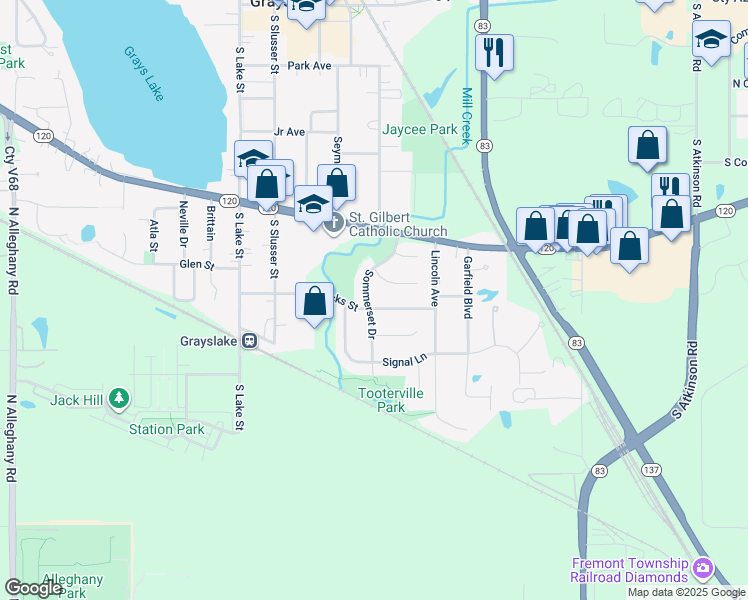 map of restaurants, bars, coffee shops, grocery stores, and more near 393 Sommerset Drive in Grayslake