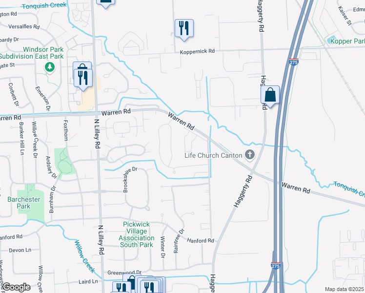 map of restaurants, bars, coffee shops, grocery stores, and more near 7091 Copper Creek Circle in Canton