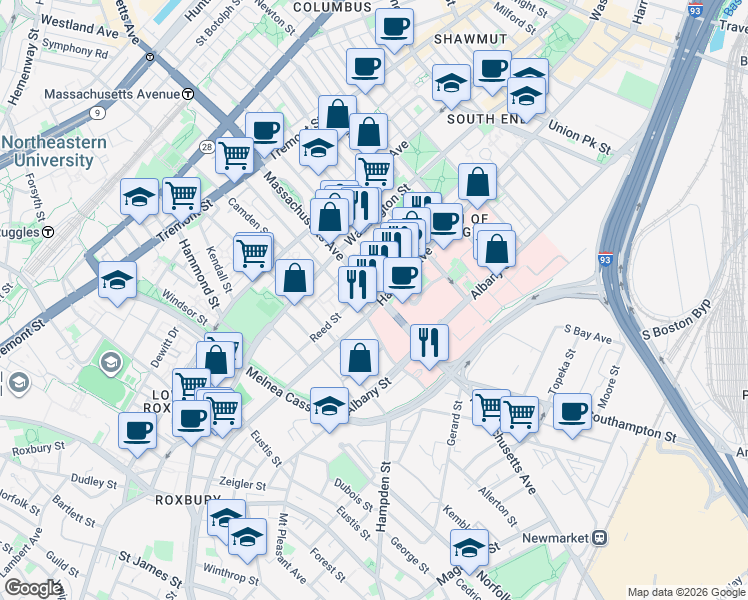 map of restaurants, bars, coffee shops, grocery stores, and more near 703 Massachusetts Avenue in Boston