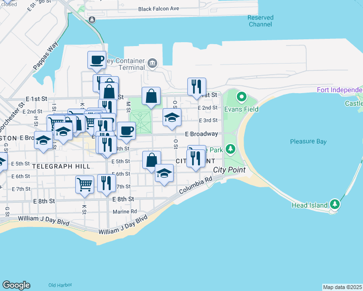 map of restaurants, bars, coffee shops, grocery stores, and more near 883 East 4th Street in Boston
